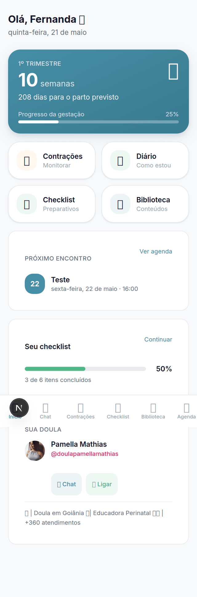 Tela inicial da gestante no app Parto Conectado